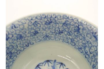 江戸後期?　伊万里　染付　線描　手描きの温かみが感じられる盃洗(松竹梅文、杯洗、高台鉢、フルーツボウル、コンポート、和食器)(R-071503)