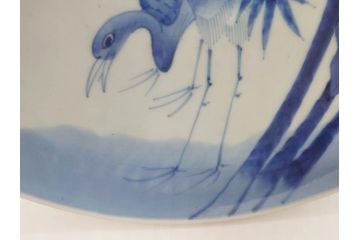 上手物　江戸期　古伊万里　富貴長春　染付　約31cm　1尺皿　大胆に絵付けされた鳥たちが味わい深い魅力を放つ大皿(鶴?、ツル?、鷺?、サギ?、和皿、和食器、一尺)(R-071506)