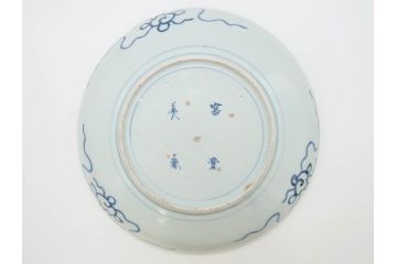 上手物　江戸期　古伊万里　富貴長春　染付　約31cm　1尺皿　大胆に絵付けされた鳥たちが味わい深い魅力を放つ大皿(鶴?、ツル?、鷺?、サギ?、和皿、和食器、一尺)(R-071506)