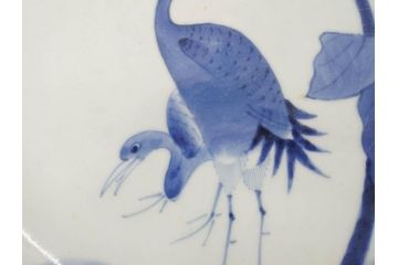 上手物　江戸期　古伊万里　富貴長春　染付　約31cm　1尺皿　大胆に絵付けされた鳥たちが味わい深い魅力を放つ大皿(鶴?、ツル?、鷺?、サギ?、和皿、和食器、一尺)(R-071508)