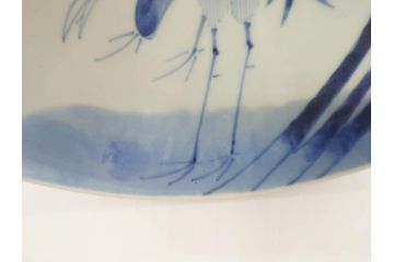 上手物　江戸期　古伊万里　富貴長春　染付　約31cm　1尺皿　大胆に絵付けされた鳥たちが味わい深い魅力を放つ大皿(鶴?、ツル?、鷺?、サギ?、和皿、和食器、一尺)(R-071508)