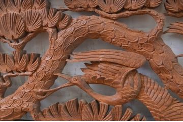 アンティーク建具　花梨(カリン)材　松と鶴の彫刻が風情を感じる両面彫刻欄間1枚(明り取り、明かり取り)(R-071534)