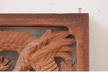 アンティーク建具　花梨(カリン)材　松と鶴の彫刻が風情を感じる両面彫刻欄間1枚(明り取り、明かり取り)(R-071534)
