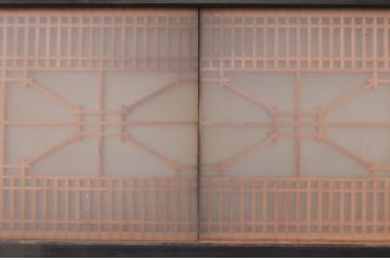 アンティーク建具　両面ガラス　黒縁がアクセントの組子入り筬欄間1枚(明り取り、明かり取り、オサランマ、おさらんま)(R-071541)
