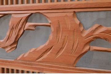 アンティーク建具　片面ガラス入り　格子と松竹梅の彫刻が素敵な欄間2枚セット(明かり取り、明り取り)(R-071564)
