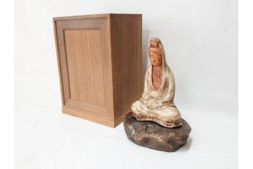 東洋作　木彫　観音像(仏教、逸見東洋?、仏像、置物、オブジェ、木製、共箱付き)(R-071571)
