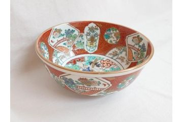 江戸後期　古伊万里　錦手　金彩　色絵　窓絵　鶴に仙人図　約28cm　9寸　色鮮やかな珍しい図柄に目を惹かれてしまう深鉢(人物、大鉢、丼、深皿、和食器、共箱付き、九寸)(R-071572)