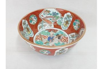 江戸後期　古伊万里　錦手　金彩　色絵　窓絵　鶴に仙人図　約28cm　9寸　色鮮やかな珍しい図柄に目を惹かれてしまう深鉢(人物、大鉢、丼、深皿、和食器、共箱付き、九寸)(R-071572)