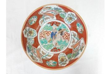 江戸後期　古伊万里　錦手　金彩　色絵　窓絵　鶴に仙人図　約28cm　9寸　色鮮やかな珍しい図柄に目を惹かれてしまう深鉢(人物、大鉢、丼、深皿、和食器、共箱付き、九寸)(R-071572)
