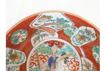 江戸後期　古伊万里　錦手　金彩　色絵　窓絵　鶴に仙人図　約28cm　9寸　色鮮やかな珍しい図柄に目を惹かれてしまう深鉢(人物、大鉢、丼、深皿、和食器、共箱付き、九寸)(R-071572)