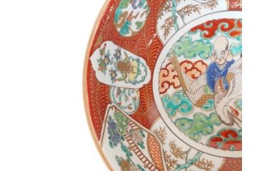江戸後期　古伊万里　錦手　金彩　色絵　窓絵　鶴に仙人図　約28cm　9寸　色鮮やかな珍しい図柄に目を惹かれてしまう深鉢(人物、大鉢、丼、深皿、和食器、共箱付き、九寸)(R-071572)
