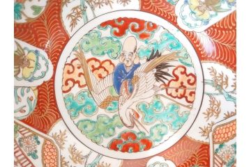 江戸後期　古伊万里　錦手　金彩　色絵　窓絵　鶴に仙人図　約28cm　9寸　色鮮やかな珍しい図柄に目を惹かれてしまう深鉢(人物、大鉢、丼、深皿、和食器、共箱付き、九寸)(R-071572)