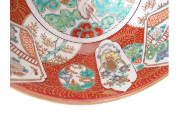 江戸後期　古伊万里　錦手　金彩　色絵　窓絵　鶴に仙人図　約28cm　9寸　色鮮やかな珍しい図柄に目を惹かれてしまう深鉢(人物、大鉢、丼、深皿、和食器、共箱付き、九寸)(R-071572)