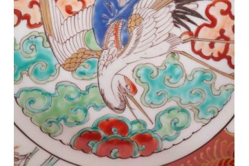 江戸後期　古伊万里　錦手　金彩　色絵　窓絵　鶴に仙人図　約28cm　9寸　色鮮やかな珍しい図柄に目を惹かれてしまう深鉢(人物、大鉢、丼、深皿、和食器、共箱付き、九寸)(R-071572)