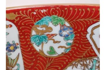 江戸後期　古伊万里　錦手　金彩　色絵　窓絵　鶴に仙人図　約28cm　9寸　色鮮やかな珍しい図柄に目を惹かれてしまう深鉢(人物、大鉢、丼、深皿、和食器、共箱付き、九寸)(R-071572)