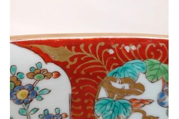 江戸後期　古伊万里　錦手　金彩　色絵　窓絵　鶴に仙人図　約28cm　9寸　色鮮やかな珍しい図柄に目を惹かれてしまう深鉢(人物、大鉢、丼、深皿、和食器、共箱付き、九寸)(R-071572)