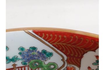 江戸後期　古伊万里　錦手　金彩　色絵　窓絵　鶴に仙人図　約28cm　9寸　色鮮やかな珍しい図柄に目を惹かれてしまう深鉢(人物、大鉢、丼、深皿、和食器、共箱付き、九寸)(R-071572)