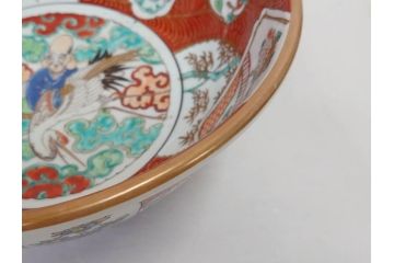 江戸後期　古伊万里　錦手　金彩　色絵　窓絵　鶴に仙人図　約28cm　9寸　色鮮やかな珍しい図柄に目を惹かれてしまう深鉢(人物、大鉢、丼、深皿、和食器、共箱付き、九寸)(R-071572)
