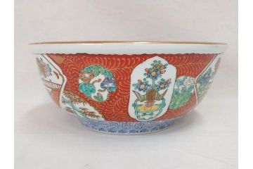 江戸後期　古伊万里　錦手　金彩　色絵　窓絵　鶴に仙人図　約28cm　9寸　色鮮やかな珍しい図柄に目を惹かれてしまう深鉢(人物、大鉢、丼、深皿、和食器、共箱付き、九寸)(R-071572)