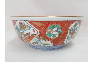 江戸後期　古伊万里　錦手　金彩　色絵　窓絵　鶴に仙人図　約28cm　9寸　色鮮やかな珍しい図柄に目を惹かれてしまう深鉢(人物、大鉢、丼、深皿、和食器、共箱付き、九寸)(R-071572)
