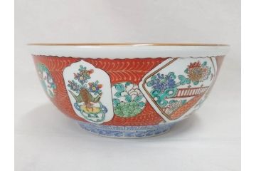 江戸後期　古伊万里　錦手　金彩　色絵　窓絵　鶴に仙人図　約28cm　9寸　色鮮やかな珍しい図柄に目を惹かれてしまう深鉢(人物、大鉢、丼、深皿、和食器、共箱付き、九寸)(R-071572)