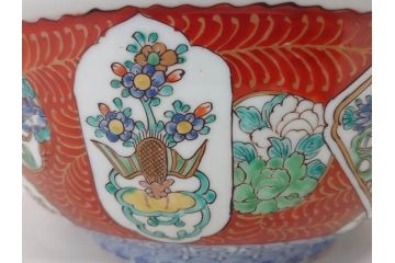 江戸後期　古伊万里　錦手　金彩　色絵　窓絵　鶴に仙人図　約28cm　9寸　色鮮やかな珍しい図柄に目を惹かれてしまう深鉢(人物、大鉢、丼、深皿、和食器、共箱付き、九寸)(R-071572)