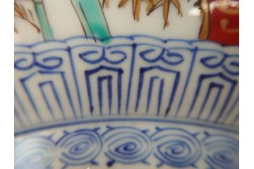 江戸後期　古伊万里　錦手　金彩　色絵　窓絵　鶴に仙人図　約28cm　9寸　色鮮やかな珍しい図柄に目を惹かれてしまう深鉢(人物、大鉢、丼、深皿、和食器、共箱付き、九寸)(R-071572)