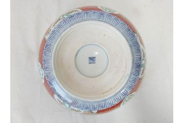 江戸後期　古伊万里　錦手　金彩　色絵　窓絵　鶴に仙人図　約28cm　9寸　色鮮やかな珍しい図柄に目を惹かれてしまう深鉢(人物、大鉢、丼、深皿、和食器、共箱付き、九寸)(R-071572)