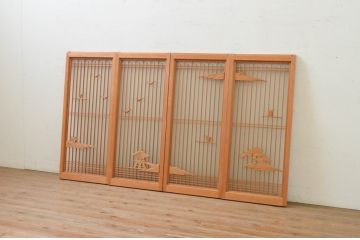 アンティーク建具　片面ガラス　カモメ・松・舟の彫刻入り書院戸4枚セット(窓、引き戸、ガラス戸)(R-071595)