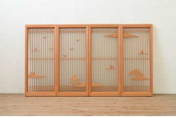 アンティーク建具　片面ガラス　カモメ・松・舟の彫刻入り書院戸4枚セット(窓、引き戸、ガラス戸)(R-071595)