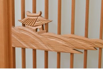 アンティーク建具　片面ガラス　カモメ・松・舟の彫刻入り書院戸4枚セット(窓、引き戸、ガラス戸)(R-071595)