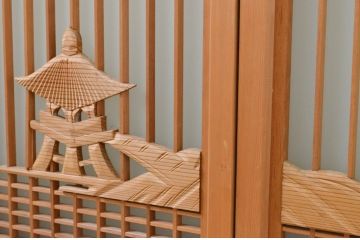 アンティーク建具　片面ガラス　カモメ・松・舟の彫刻入り書院戸4枚セット(窓、引き戸、ガラス戸)(R-071595)