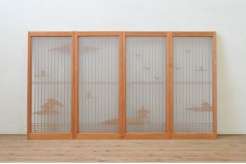 アンティーク建具　片面ガラス　カモメ・松・舟の彫刻入り書院戸4枚セット(窓、引き戸、ガラス戸)(R-071595)