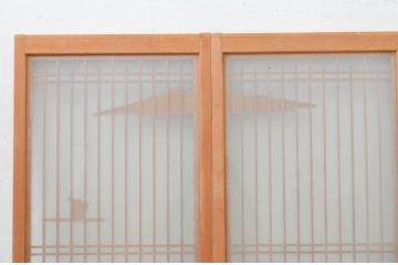 アンティーク建具　片面ガラス　カモメ・松・舟の彫刻入り書院戸4枚セット(窓、引き戸、ガラス戸)(R-071595)