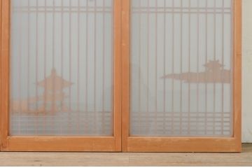 アンティーク建具　片面ガラス　カモメ・松・舟の彫刻入り書院戸4枚セット(窓、引き戸、ガラス戸)(R-071595)