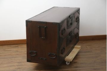 和製アンティーク　高級品!!　古民具・骨董　総桐材　希少!鳳凰の特大金具が素晴らしい佐渡小木箪笥ローボード(佐渡箪笥、和タンス、芸者箪笥、総桐箪笥、総桐たんす、衣装箪笥、整理たんす、時代箪笥、引き出し、ローチェスト、テレビ台、テレビボード)(R-071599)