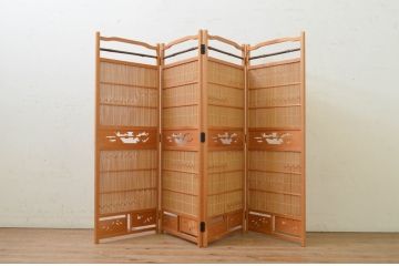 和製ビンテージ　和の趣あふれる4連衝立て(衝い立て、パーテーション、つい立て、仕切り、ヴィンテージ)(R-071604)