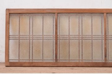 アンティーク建具　和モダンな空間づくりにおすすめ!格子入りの横長引き戸2枚セット(ダイヤガラス、窓、明かり取り、明り取り、ガラス欄間)(R-071663)