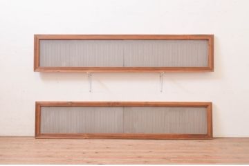 アンティーク建具　片面ガラス　繊細な格子が目を惹く筬欄間2枚セット(明かり取り、明り取り、オサランマ、おさらんま、格子欄間)(R-071666)