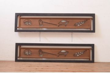アンティーク建具　希少デザイン!!　タケノコ・笠・クワ等の透かし彫りがアクセントの彫刻欄間2枚セット(明り取り、明かり取り)(R-071668)