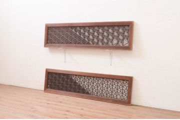 アンティーク建具　凝ったデザインの組子が魅力的な組子入り欄間2枚セット(明り取り、明かり取り、ランマ)(R-071673)