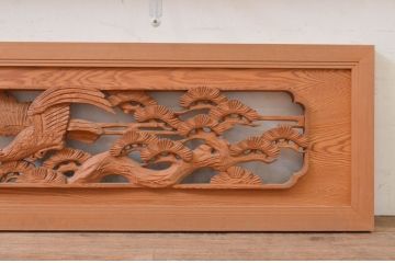 アンティーク建具　生命力に溢れた鷲と松が目を惹く両面彫刻欄間2枚セット(明り取り、明かり取り)(R-071683)