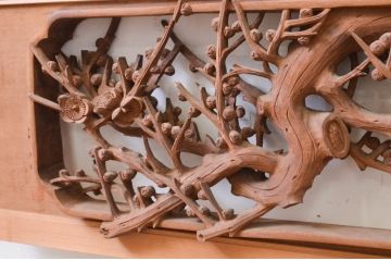 アンティーク建具　井波彫刻　清山作　繊細な松・梅のデザインが目を惹く両面彫刻欄間2枚セット(明かり取り、明り取り)(R-071690)