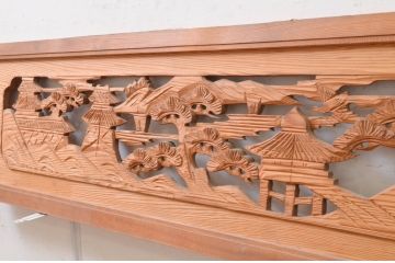 アンティーク建具　松の木と風情ある風景の彫刻が美しい両面彫刻欄間2枚セット(明かり取り、明り取り)(R-071691)