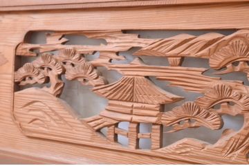 アンティーク建具　松の木と風情ある風景の彫刻が美しい両面彫刻欄間2枚セット(明かり取り、明り取り)(R-071691)