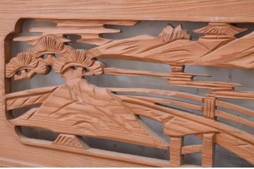 アンティーク建具　松の木と風情ある風景の彫刻が美しい両面彫刻欄間2枚セット(明かり取り、明り取り)(R-071691)