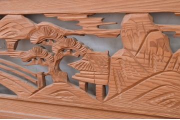 アンティーク建具　松の木と風情ある風景の彫刻が美しい両面彫刻欄間2枚セット(明かり取り、明り取り)(R-071691)