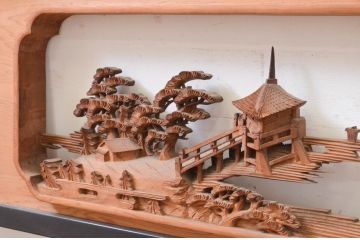 アンティーク建具　風情ある風景の彫刻が和の空間を高める両面彫刻欄間2枚セット(定価約120万円)(明かり取り、明り取り)(R-071692)