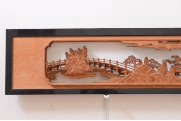 アンティーク建具　風情ある風景の彫刻が和の空間を高める両面彫刻欄間2枚セット(定価約120万円)(明かり取り、明り取り)(R-071692)