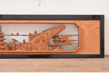 アンティーク建具　風情ある風景の彫刻が和の空間を高める両面彫刻欄間2枚セット(定価約120万円)(明かり取り、明り取り)(R-071692)